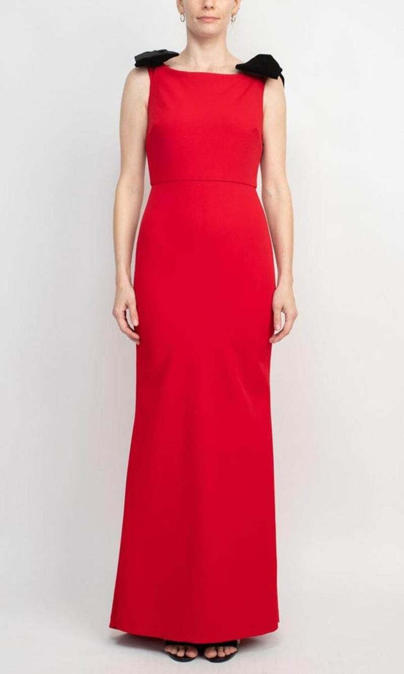 Alberto Makali Red Sleeveless Ref Gown with Black Velvet Bow Detail size: 8 US